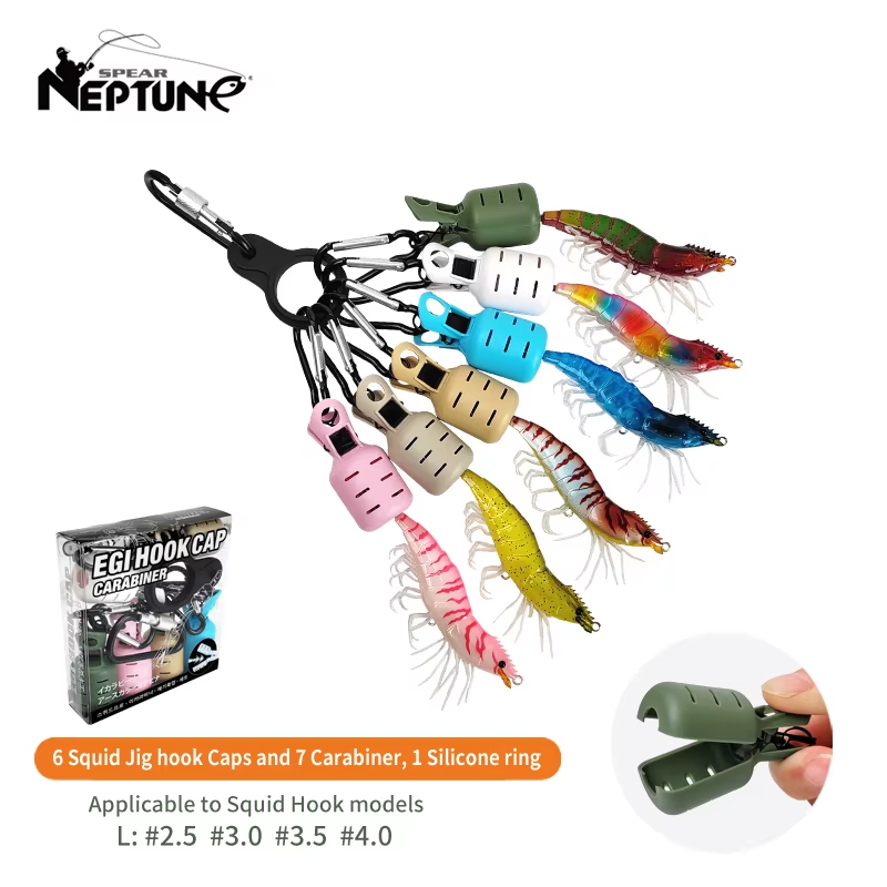 Fishing Hook Jig - 6-teiliges Set bunter Tintenfisch-Jig-Haken-Schutzkappen mit Karabiner,