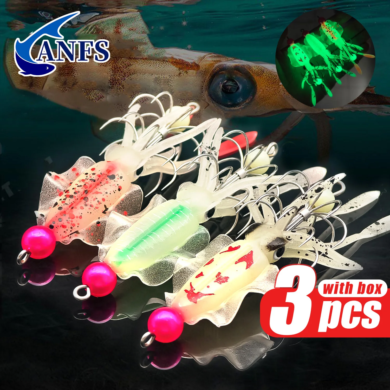 Fishing Hook Assortment - ANFS 3-teiliges leuchtendes Tintenfisch-Jig-Set – realistischer